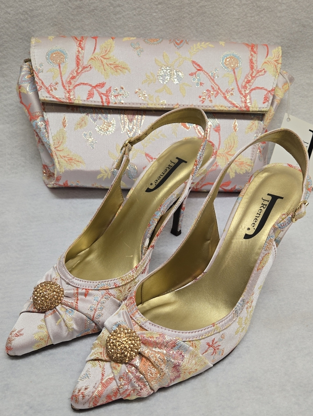 J.Renee Pink Floral Brocade Slingback Heels Size 9 with Matching Clutch